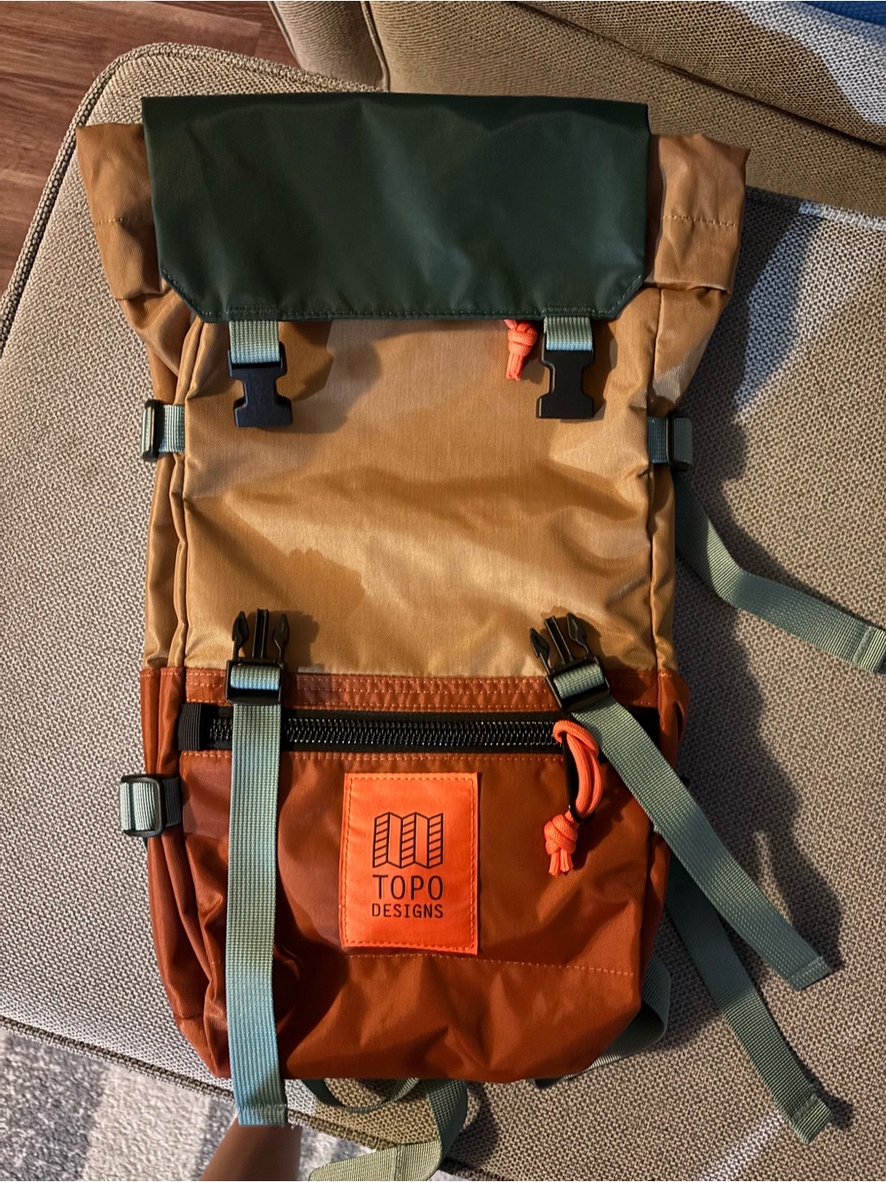 Topo Designs Colorblock Roll-Top mini Backpack in Tan, Green & Rust